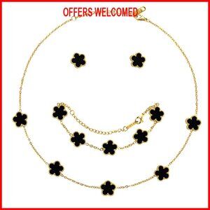 18K Gold Plated Clover Jewelry Set Bracelet Necklace Earrings Women